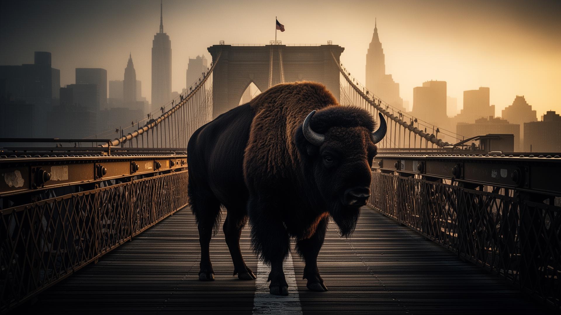 A bison standing on the Brooklyn Bridge at sunrise